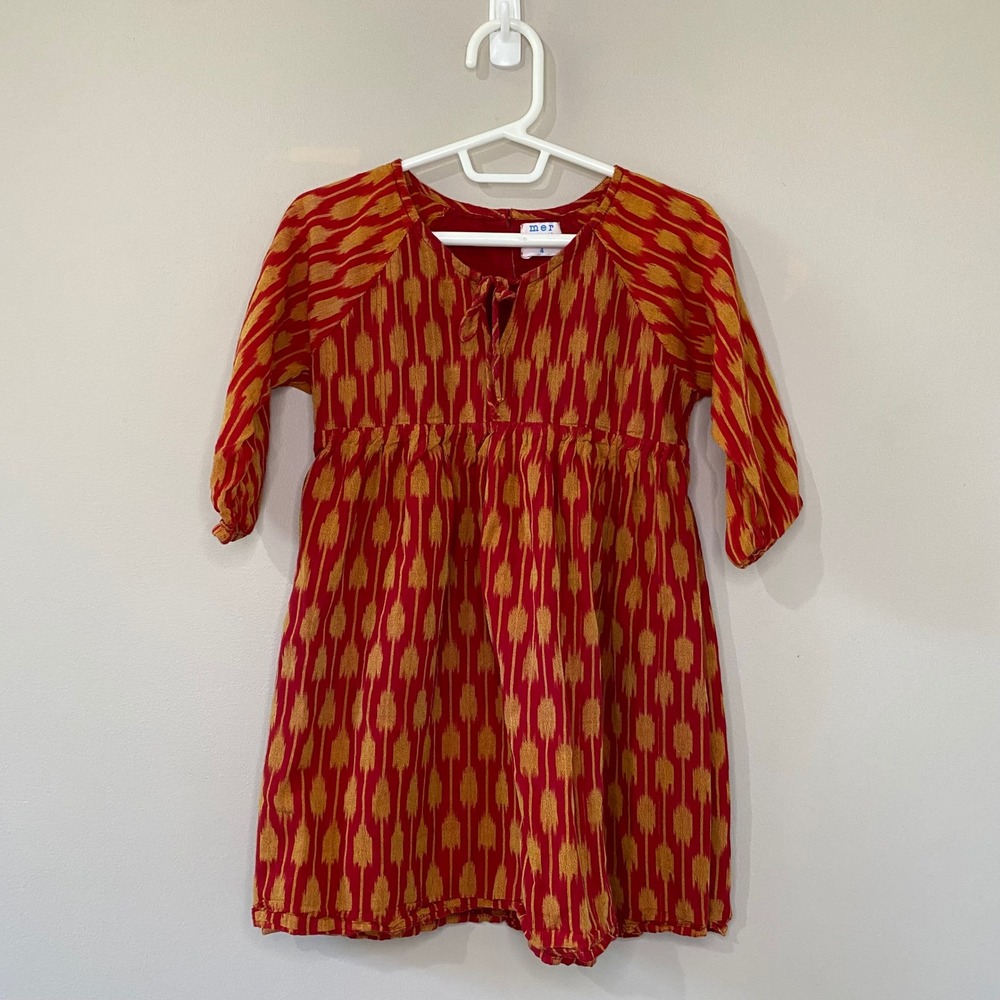 Mer St Barth Girls Red Yellow Ikat Print Boho Tunic Dress Size 4 Raglan Sleeve